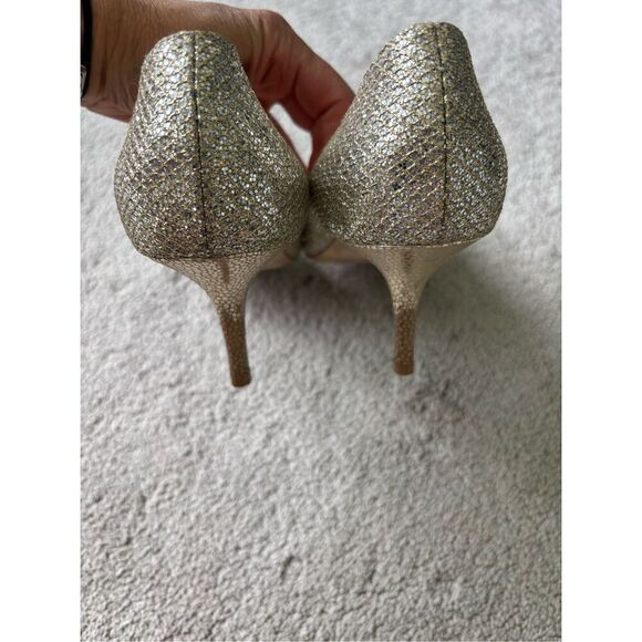 EUC Jimmy Choo Isabel Champagne Glitter Peep-Toe Pumps, Sz 39, $795 - Picture 8 of 11